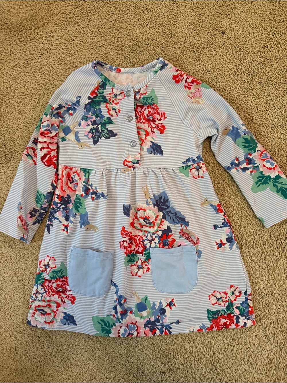 Joules Peter Rabbit Floral Stripe Long-Sleeve Dress with Pockets - Light Blue